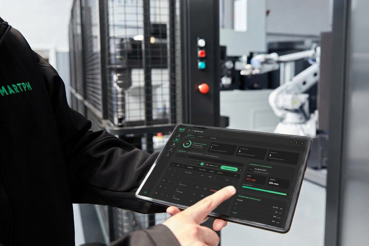 Técnico de SMARTPM usando MIC en una tablet junto a una célula robotizada