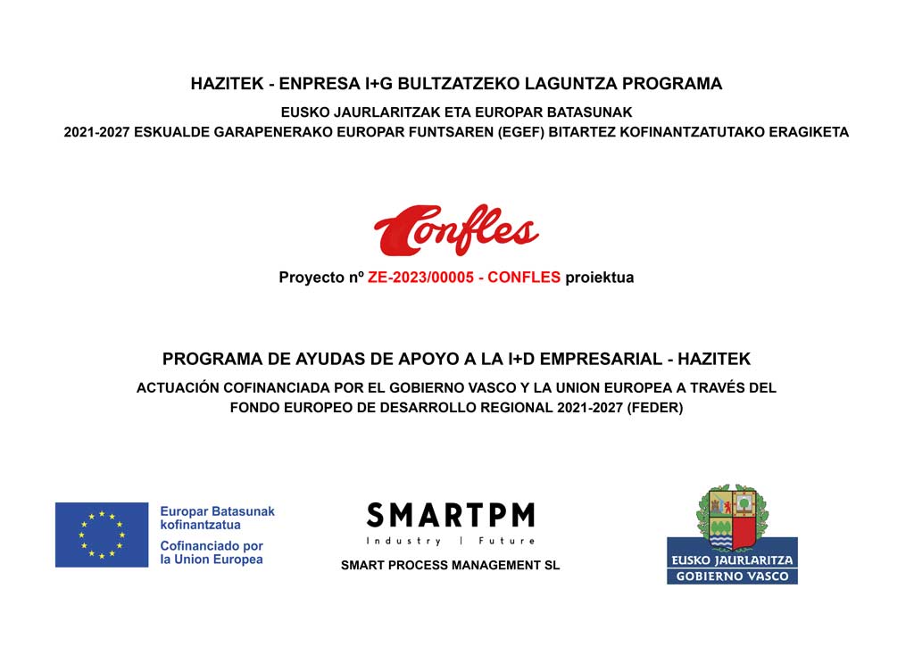 Proyecto CONFLES. Programa de ayudas de apoyo a la I+D empresarial - Hazitek. Logotipos Unión Europea, SMARTPM y Gobierno Vasco.