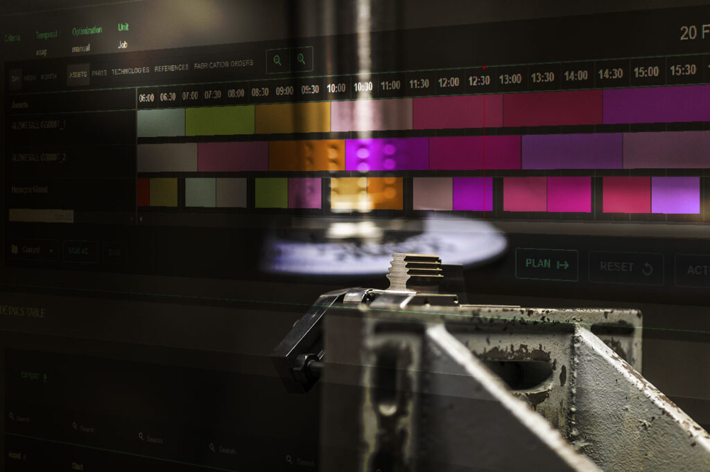 Mecanizado de pieza con un gráfico digital con la planificación inteligente de la producción.