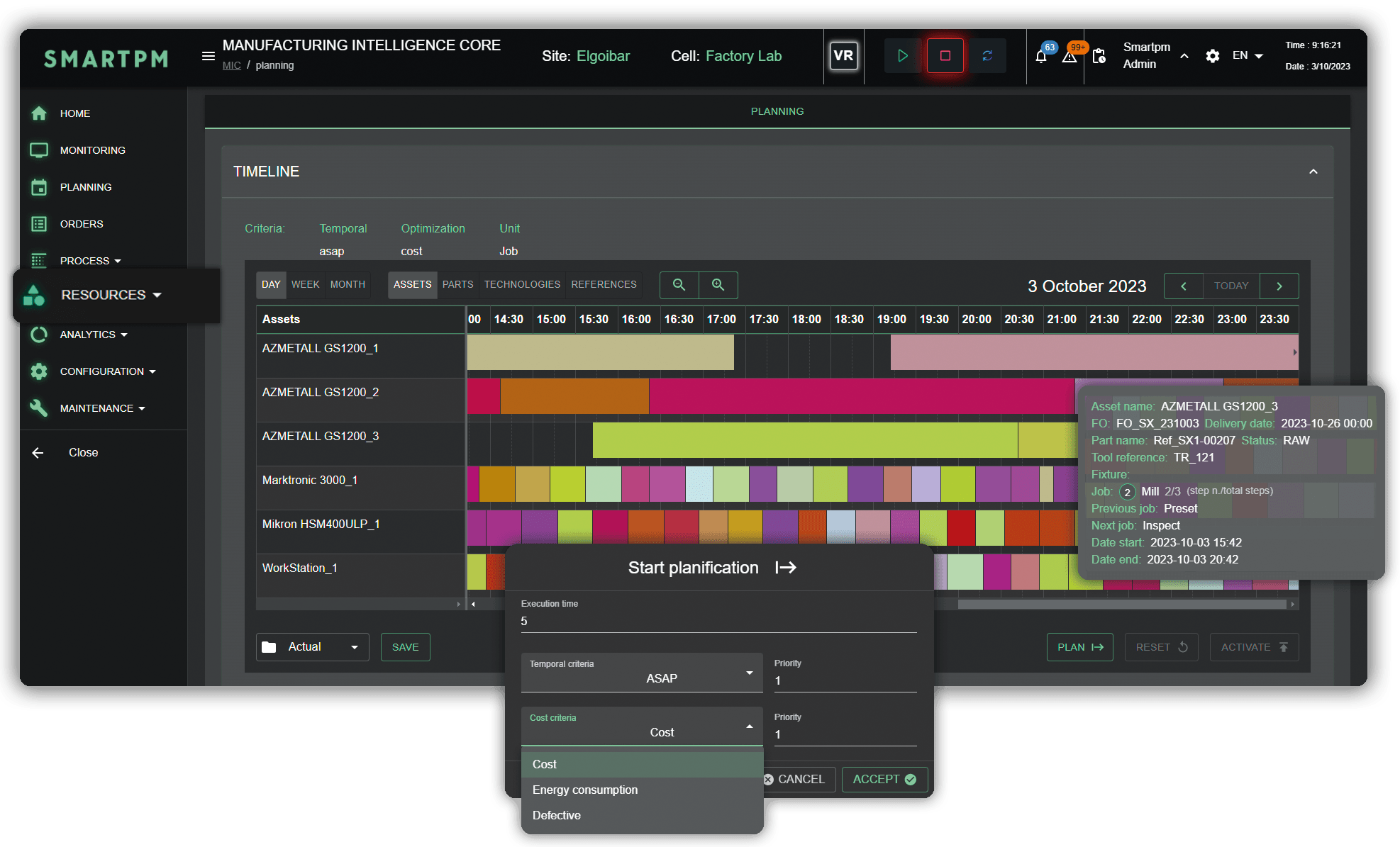 Pantalla de software industrial MIC PLANNER donde se puede planificar y programar la producción.