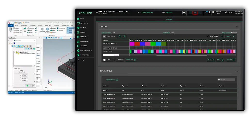 Interfaz de CAM y de MIC CAM PLANNER con la planificación hecha a partir de los datos cam.