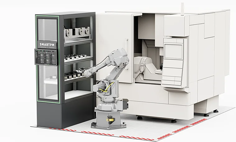 Célula de fresado automatizada con el sistema MIC AUTOMATION SYSTEMS con almacenamiento y brazo robot de manipulación incorporado.