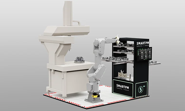 Célula de inspección automatizada con el sistema MIC AUTOMATION SYSTEMS con almacenamiento y brazo robot de manipulación incorporado.